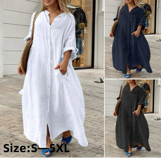 2024 Women's Autumn Cotton Linen Long Dress White Long Sleeve Oversize Shirt Dresses Female Casual Fashion Loose Clothing Ladies