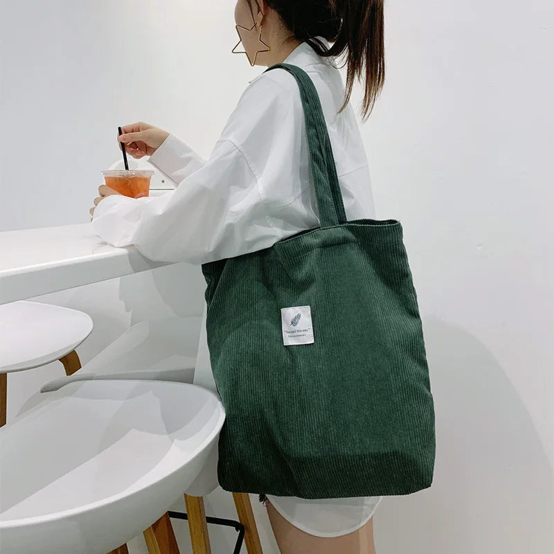 MYSTRISA™Corduroy Bag Handbags for Women Shoulder Bags Female Soft Environmental Storage Reusable Girls Small and Large Shopper Totes Bag