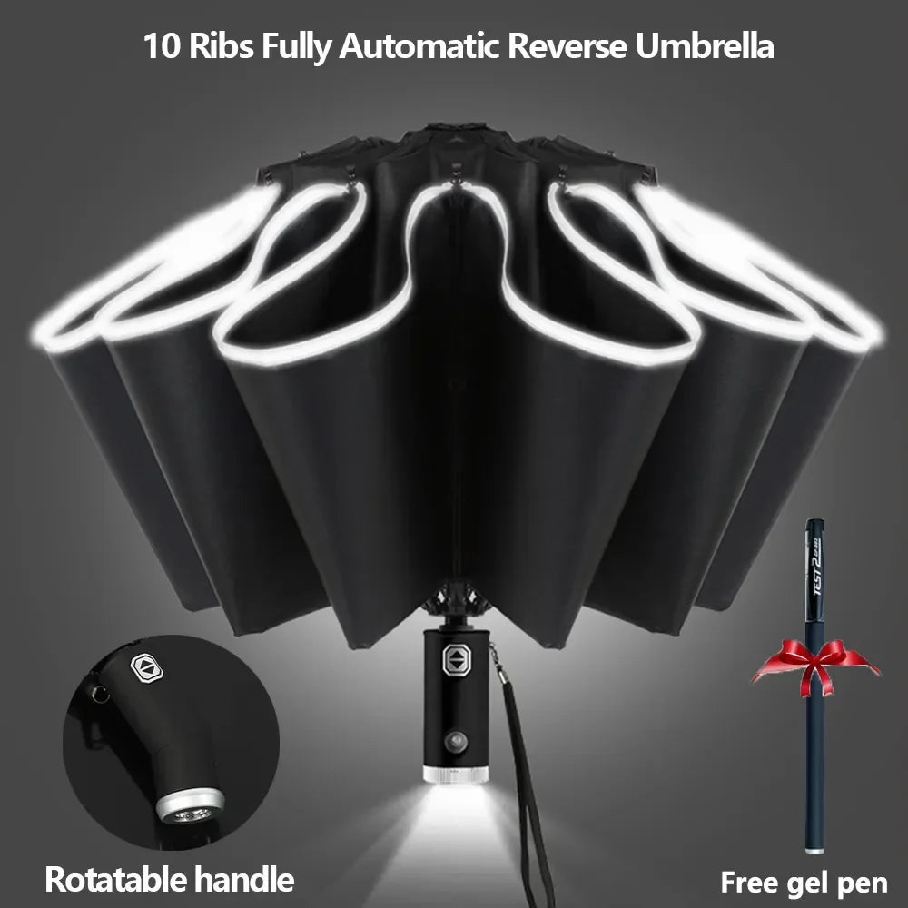 Fully Automatic Reverse Folding Umbrella With LED Flashlight 10Ribs Windproof Reflective Stripe UV Umbrellas For Sun Or Rain Day