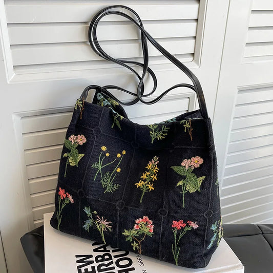 MYSTRISA™Large-capacity Embroidered Tote Bag Women Summer Trendy Cloth Bag Niche Embroidery Shoulder Bag Texture Bucket Bag Canvas Bag