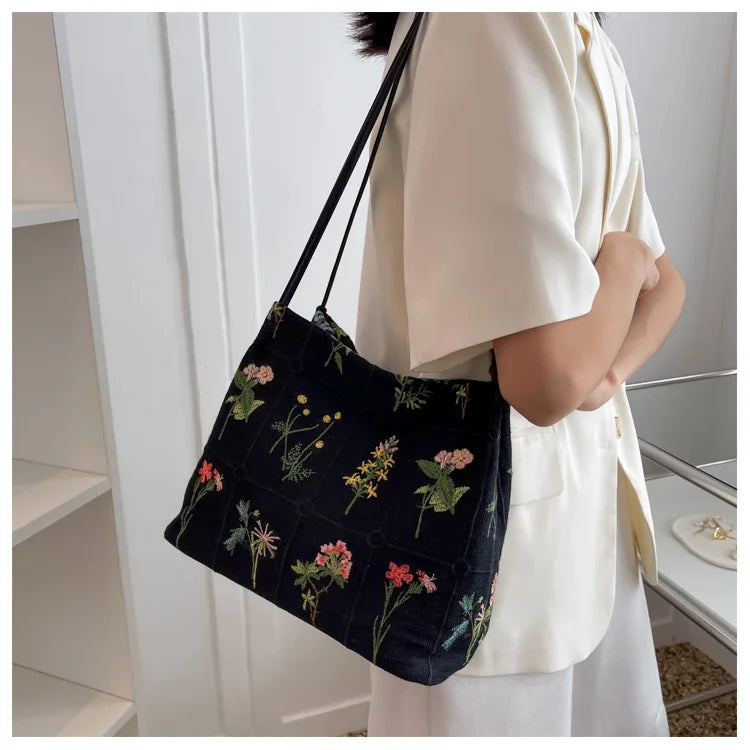 MYSTRISA™Large-capacity Embroidered Tote Bag Women Summer Trendy Cloth Bag Niche Embroidery Shoulder Bag Texture Bucket Bag Canvas Bag