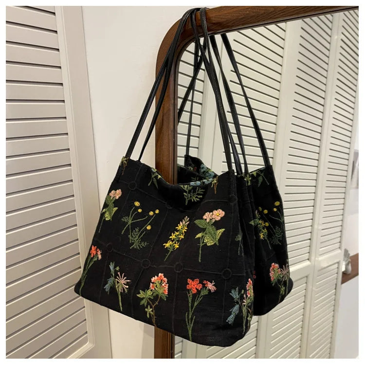 MYSTRISA™Large-capacity Embroidered Tote Bag Women Summer Trendy Cloth Bag Niche Embroidery Shoulder Bag Texture Bucket Bag Canvas Bag