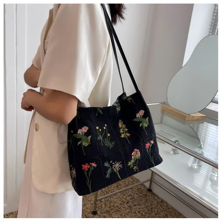 MYSTRISA™Large-capacity Embroidered Tote Bag Women Summer Trendy Cloth Bag Niche Embroidery Shoulder Bag Texture Bucket Bag Canvas Bag