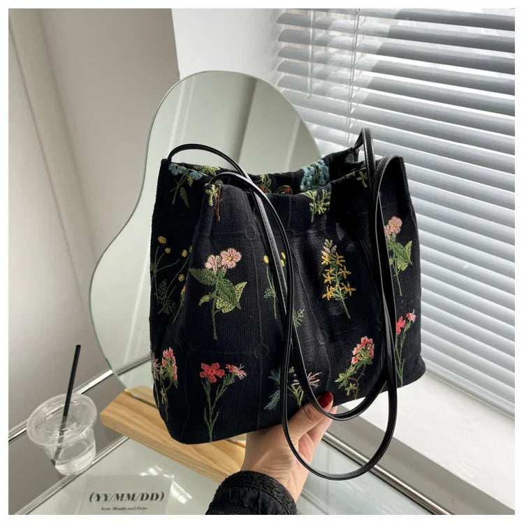 MYSTRISA™Large-capacity Embroidered Tote Bag Women Summer Trendy Cloth Bag Niche Embroidery Shoulder Bag Texture Bucket Bag Canvas Bag