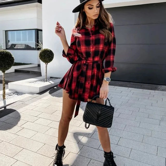 Spring And Autumn Women S Waist Collection Cardigan Belt Lacing Checkered Mid Length Lined Dress Long Sleeved Shirt Trendy