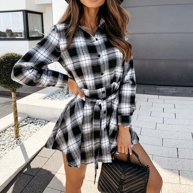 Spring And Autumn Women S Waist Collection Cardigan Belt Lacing Checkered Mid Length Lined Dress Long Sleeved Shirt Trendy