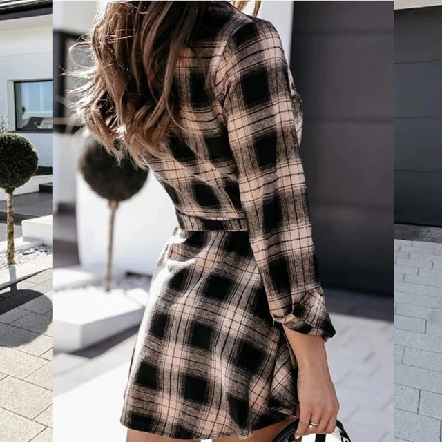 Spring And Autumn Women S Waist Collection Cardigan Belt Lacing Checkered Mid Length Lined Dress Long Sleeved Shirt Trendy