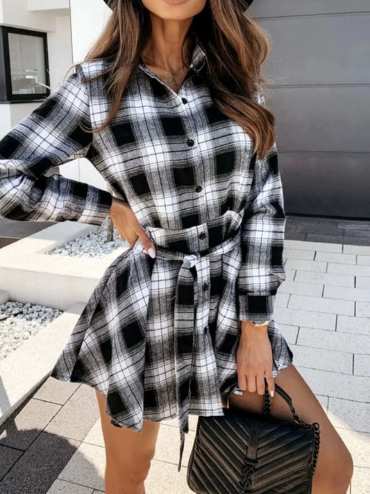 Spring And Autumn Women S Waist Collection Cardigan Belt Lacing Checkered Mid Length Lined Dress Long Sleeved Shirt Trendy