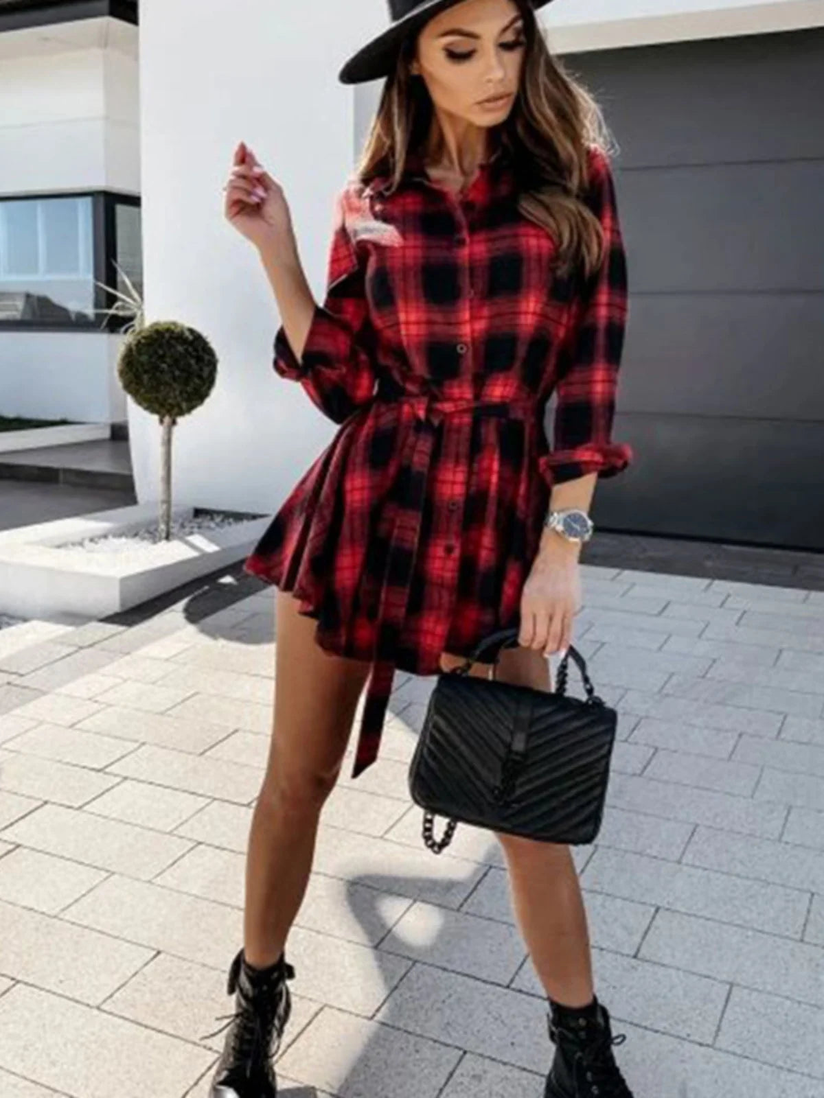 Spring And Autumn Women S Waist Collection Cardigan Belt Lacing Checkered Mid Length Lined Dress Long Sleeved Shirt Trendy