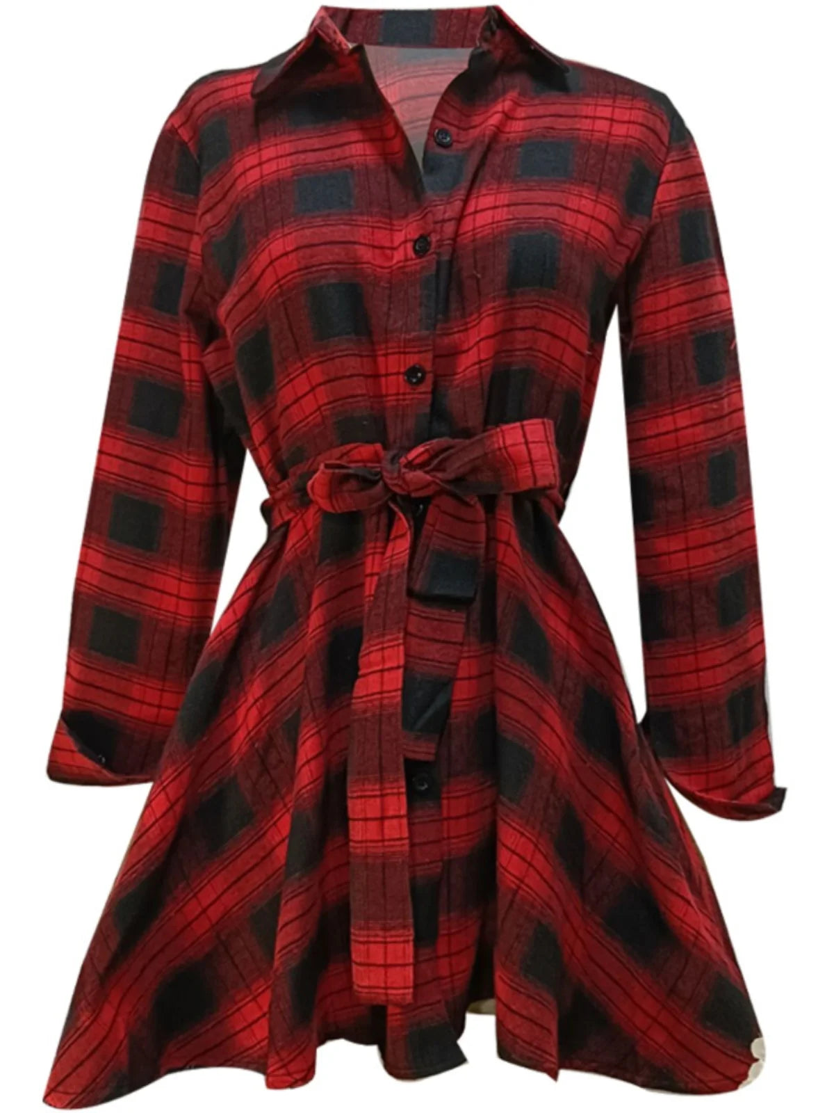 Spring And Autumn Women S Waist Collection Cardigan Belt Lacing Checkered Mid Length Lined Dress Long Sleeved Shirt Trendy