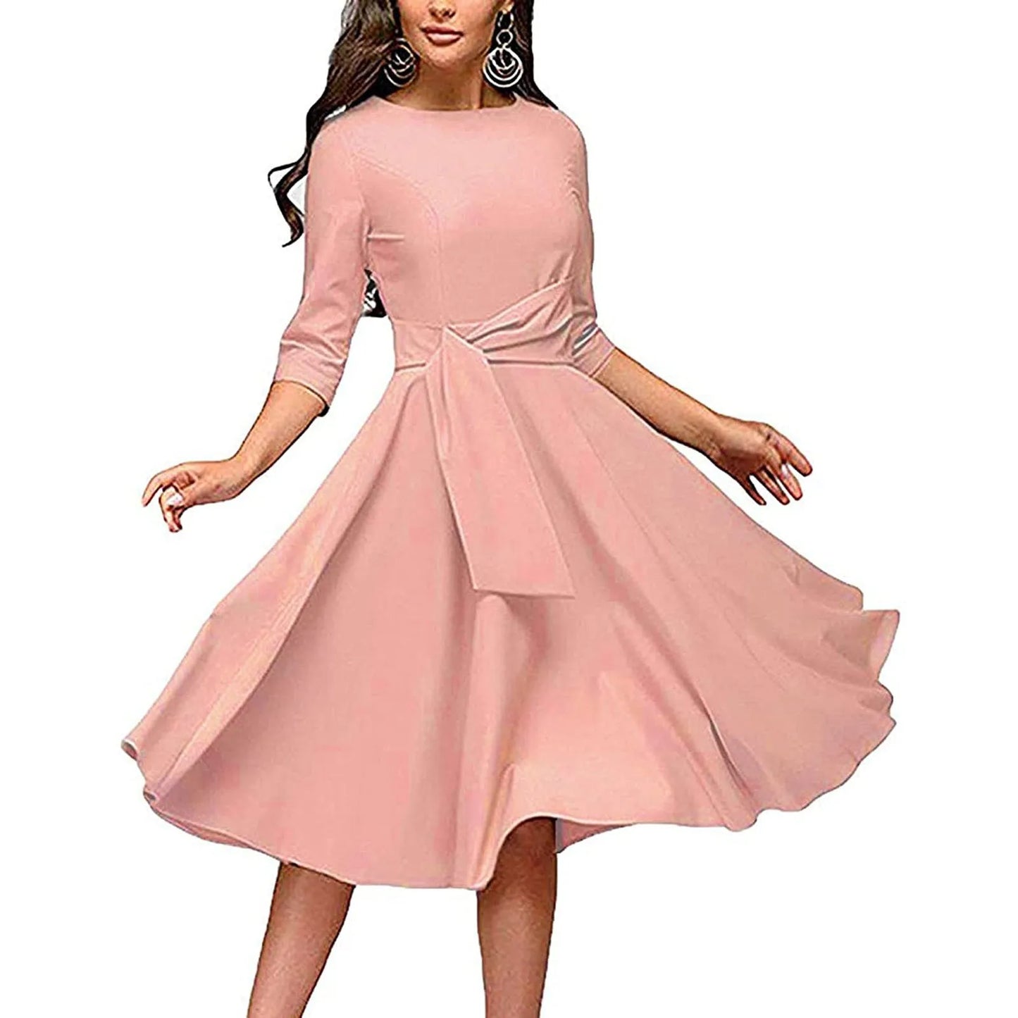 Women S Summer Dress Midi Swing Women's Neck Round Dresses Sleeve A-line Dress 3/4 Ruched Women's Dress Faux Wrap Lace Dress