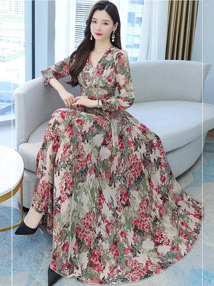 Women Spring Autumn Midi Casual Dress Beach Floral Chiffon Robe Chic Elegant Evening Dresses For Party Korean Fashion Maxi