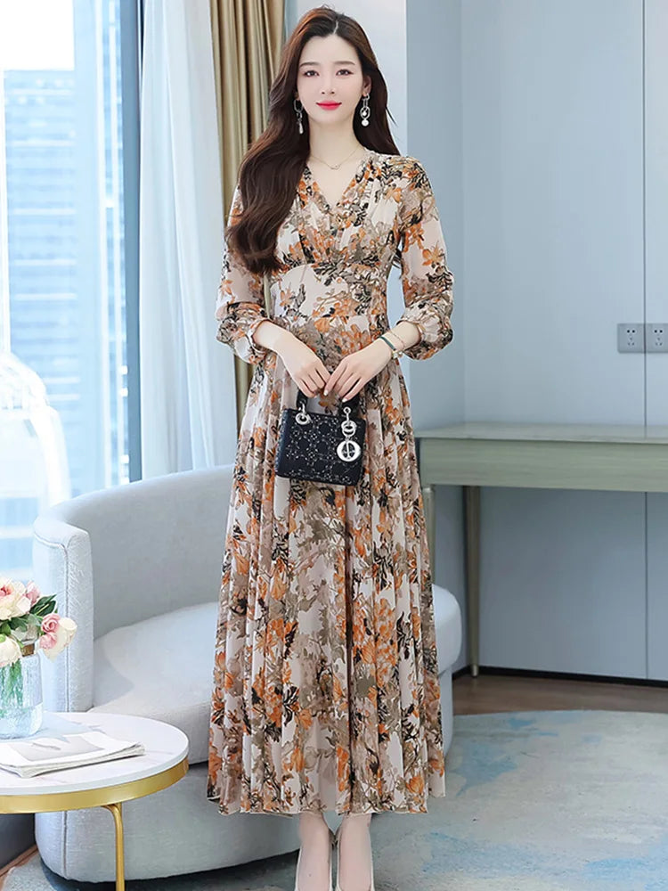 Women Spring Autumn Midi Casual Dress Beach Floral Chiffon Robe Chic Elegant Evening Dresses For Party Korean Fashion Maxi