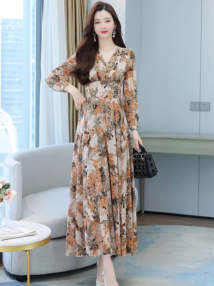 Women Spring Autumn Midi Casual Dress Beach Floral Chiffon Robe Chic Elegant Evening Dresses For Party Korean Fashion Maxi