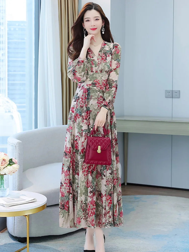 Women Spring Autumn Midi Casual Dress Beach Floral Chiffon Robe Chic Elegant Evening Dresses For Party Korean Fashion Maxi