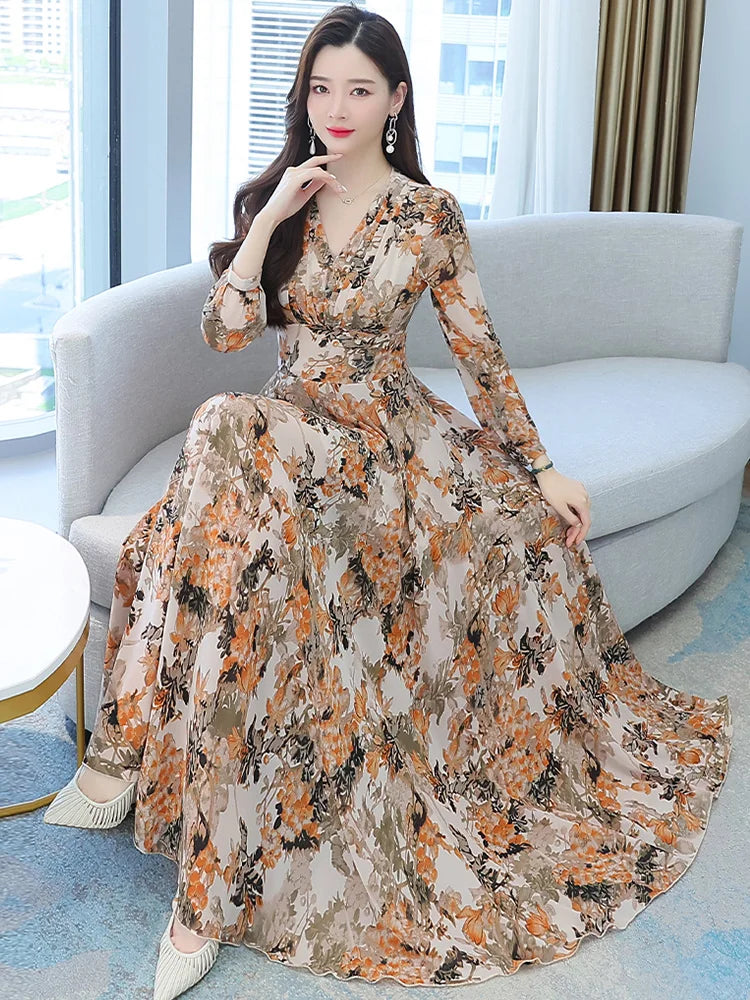 Women Spring Autumn Midi Casual Dress Beach Floral Chiffon Robe Chic Elegant Evening Dresses For Party Korean Fashion Maxi