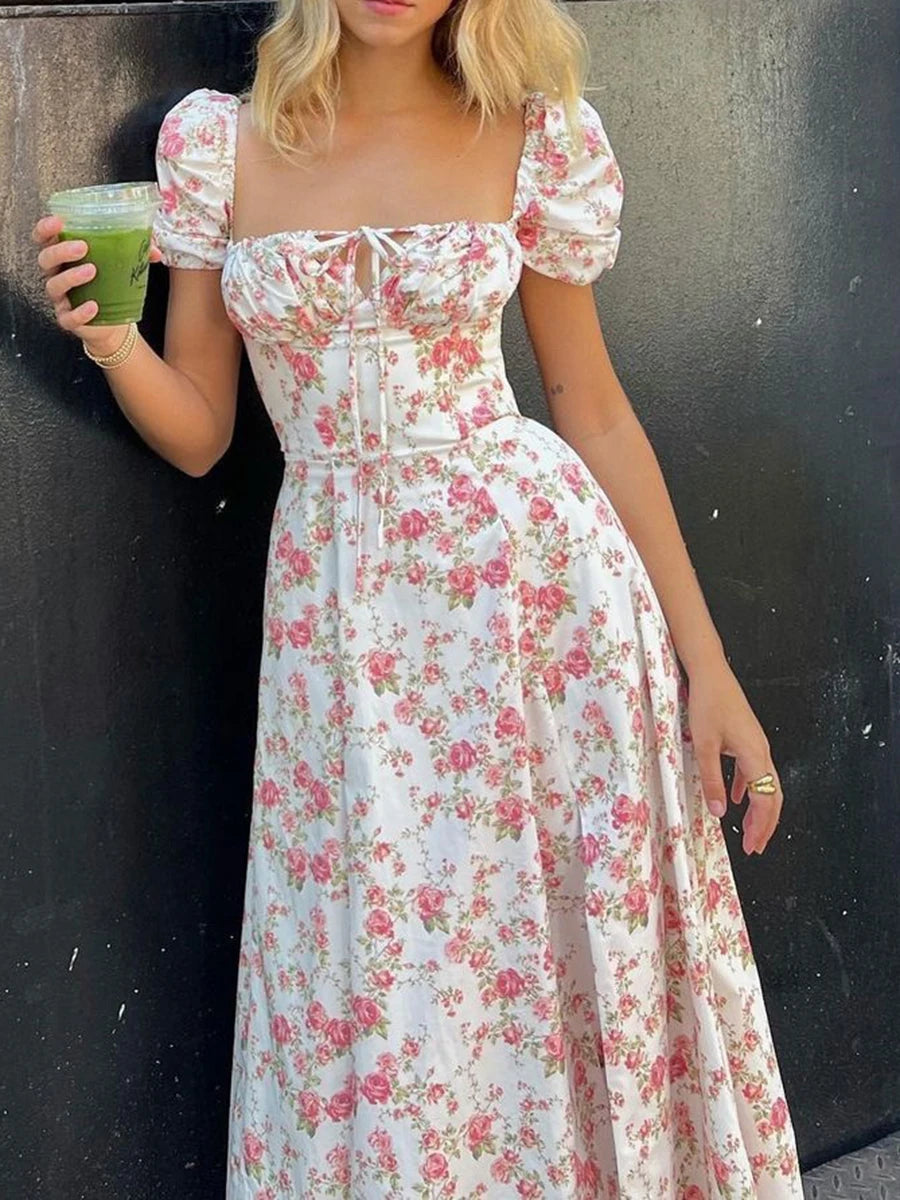 Women acute s Summer Casual Flutter Short Sleeve Square Neck Floral Elastic Waist Dress Dresses for Women