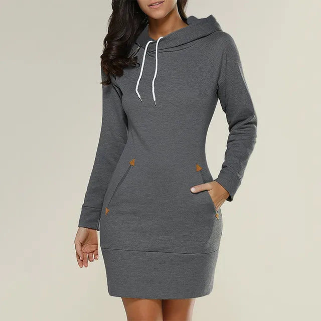 Women's Knee-Length Pockets Dress Hooded Warm Sweat Shirt Long Sleeve Side Zip Neckline Simple Casual Sports Skirt