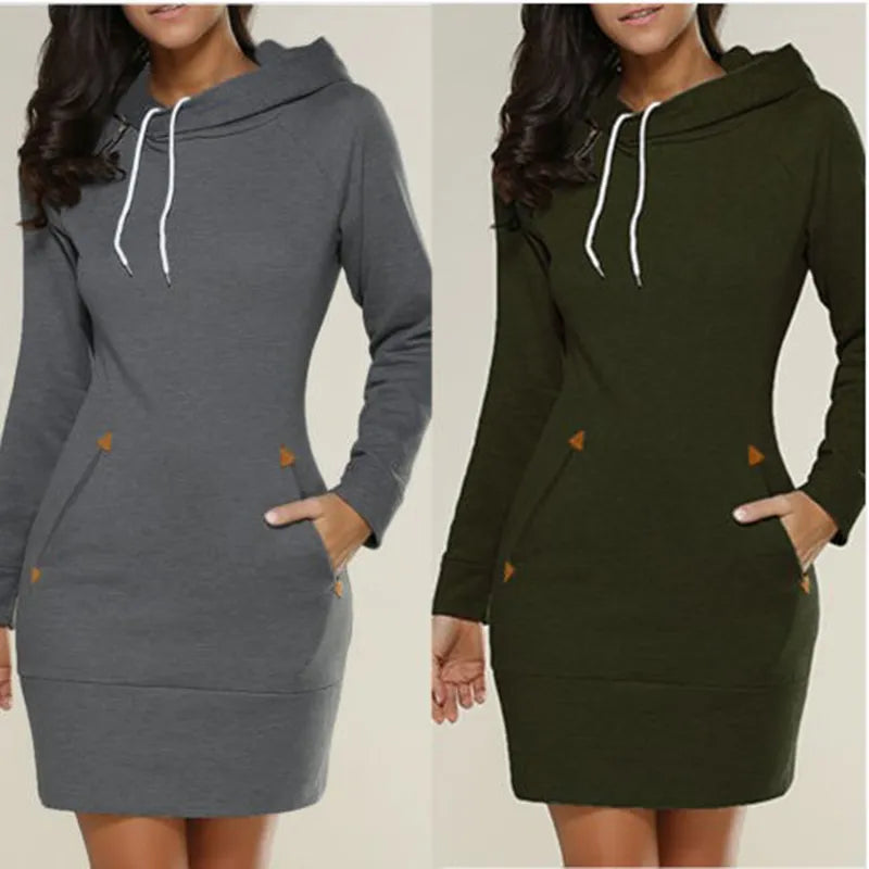 Women's Knee-Length Pockets Dress Hooded Warm Sweat Shirt Long Sleeve Side Zip Neckline Simple Casual Sports Skirt