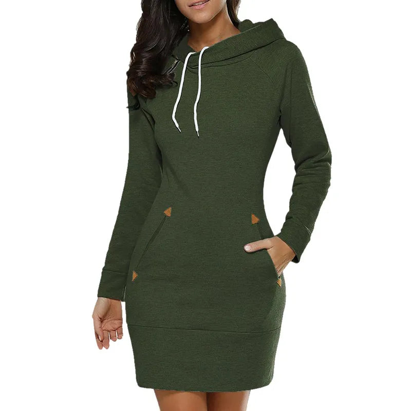 Women's Knee-Length Pockets Dress Hooded Warm Sweat Shirt Long Sleeve Side Zip Neckline Simple Casual Sports Skirt