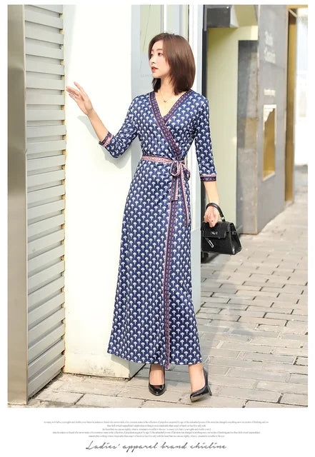 Women's Summer Autumn Loose Maxi DressWrap V Neck 3/4 Sleeve Plaid Print Slit Long Dresses roupas feminina