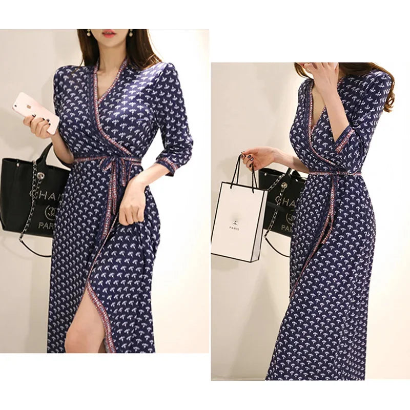 Women's Summer Autumn Loose Maxi DressWrap V Neck 3/4 Sleeve Plaid Print Slit Long Dresses roupas feminina