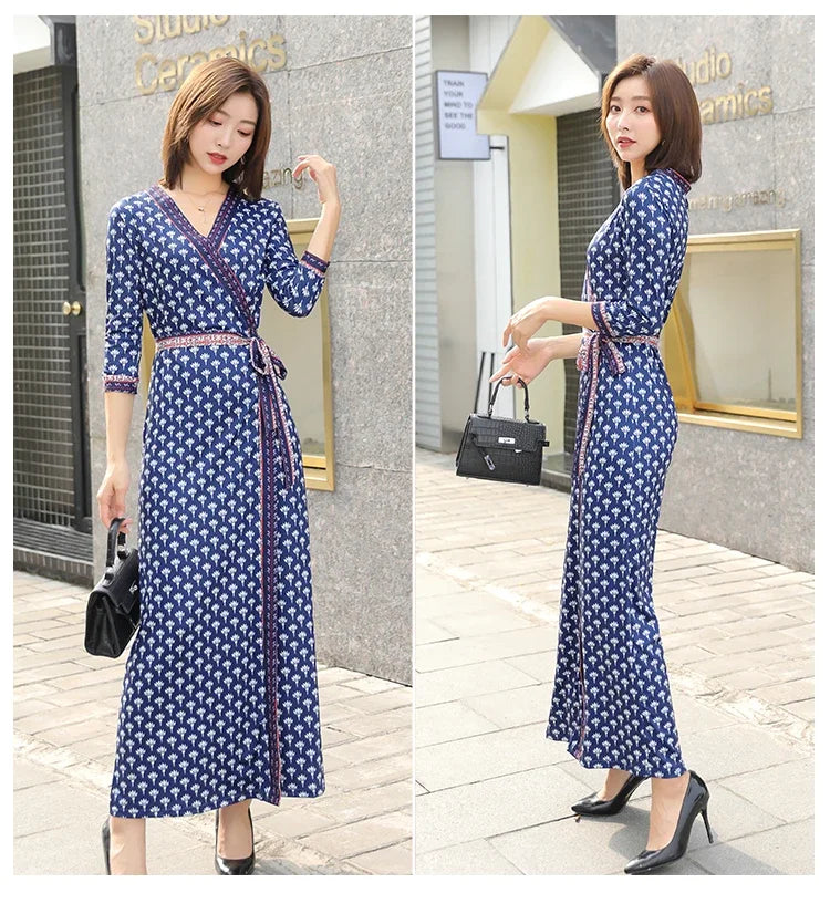 Women's Summer Autumn Loose Maxi DressWrap V Neck 3/4 Sleeve Plaid Print Slit Long Dresses roupas feminina