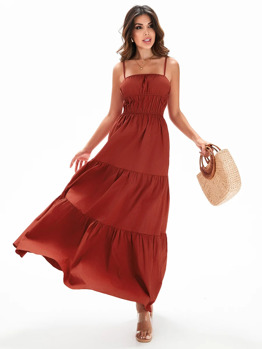 Women s Summer Long Cami DressSolid Color Sleeveless Backless Boho Pleated Dresses