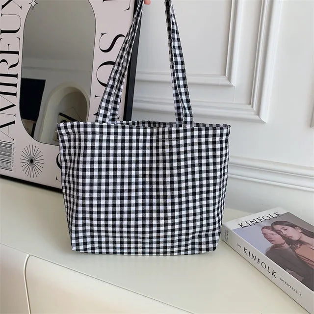 MYSTRISA™Youda Ladies New Style Canvas Fabric Plaid Shoulder Bag Fashion Simple Handbag Large Casual Capacity shopping Tote Bags